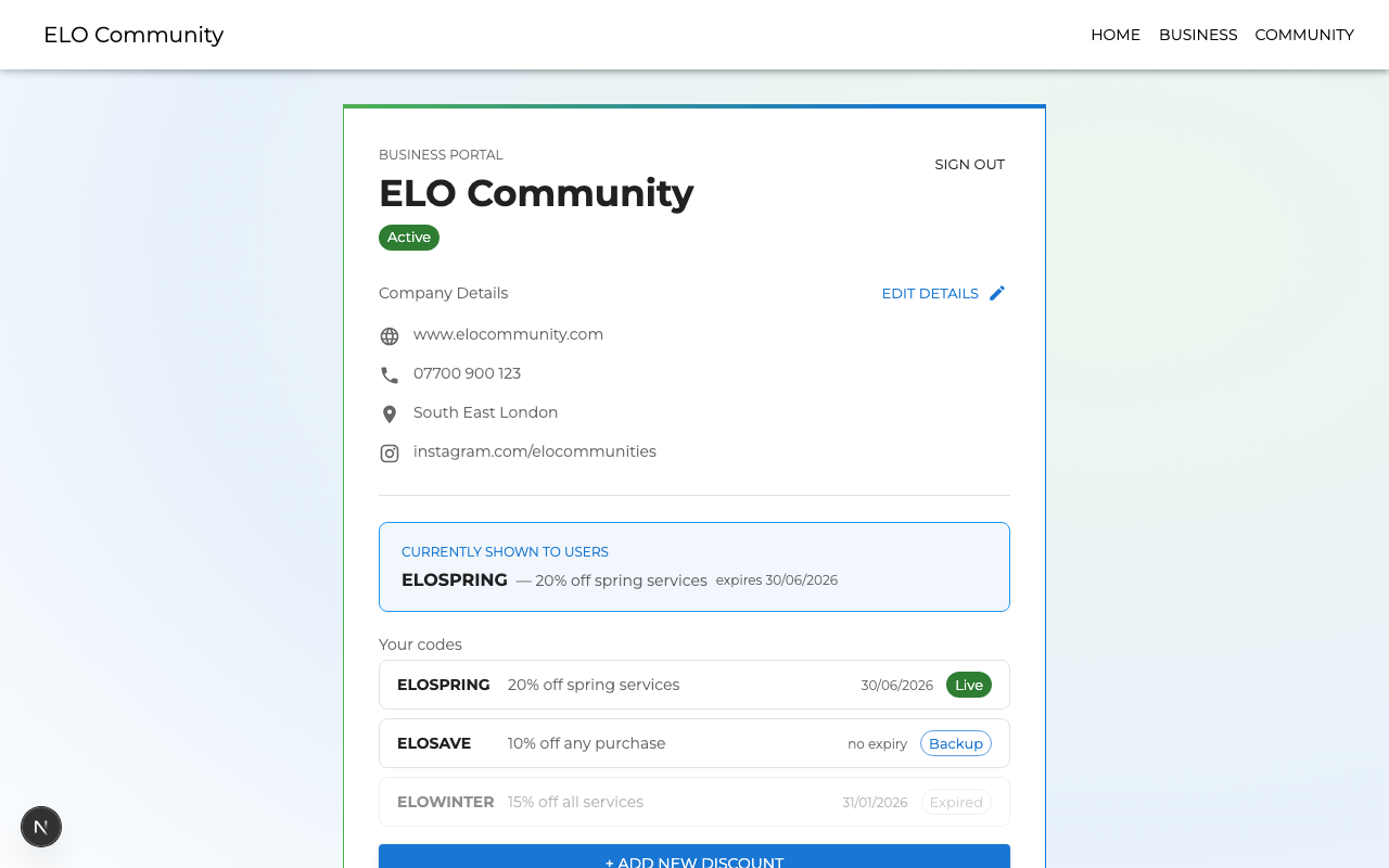 ELO Community business portal dashboard